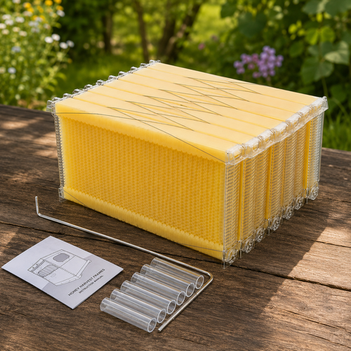 Premium Flow Frames compatible with Flow Hive shown with harvest key and end caps