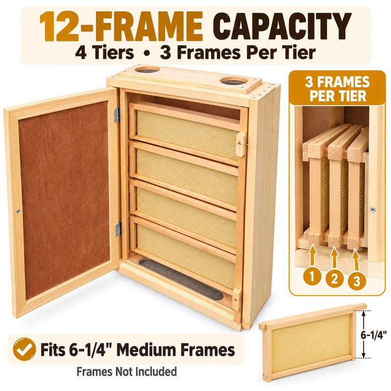12-Frame Indoor Observation Hive – Wooden Beehive with Dual Plexiglass Viewing Doors