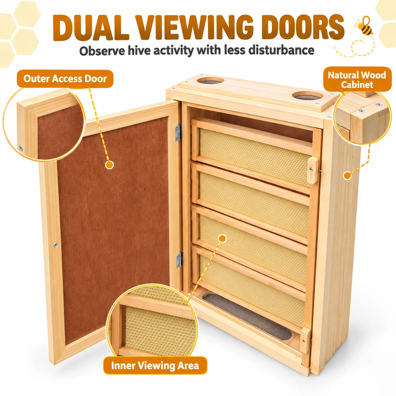 12-Frame Indoor Observation Hive – Wooden Beehive with Dual Plexiglass Viewing Doors